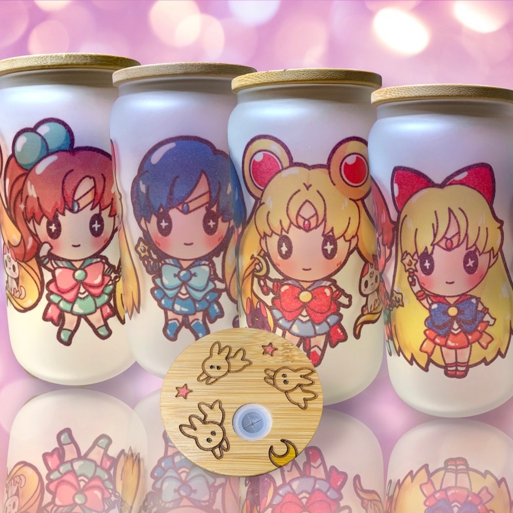 Cute kawaii sailor moon anime glass cup and engraved and hand painted bamboo top